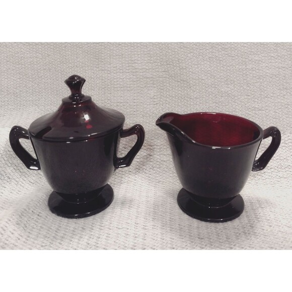VTG Anchor Hocking Royal Ruby Footed Creamer & Lidded Sugar Bowl Set, Red, Euc - Picture 1 of 10
